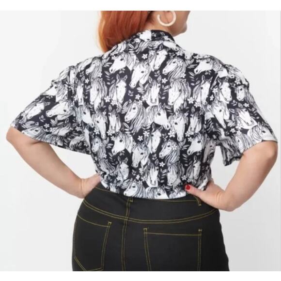 Unique Vintage 1970’s Black Wild Horses Flutter Sleeve Bodysuit 2X 18 NWOT - Picture 2 of 5